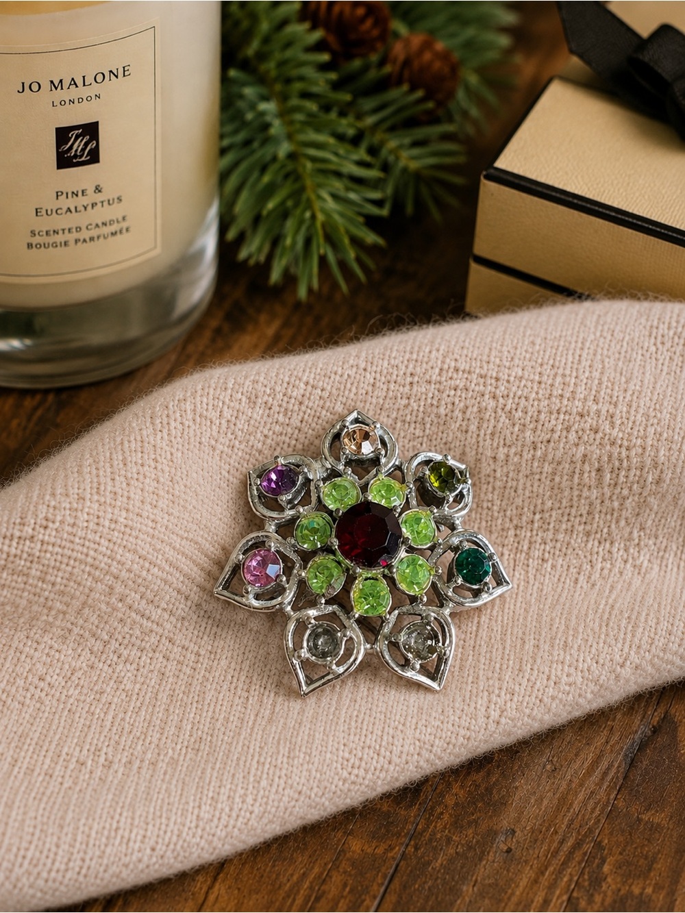 Vintage Emmons Great Moments Rhinestone Flower Brooch Pin Silver Signed